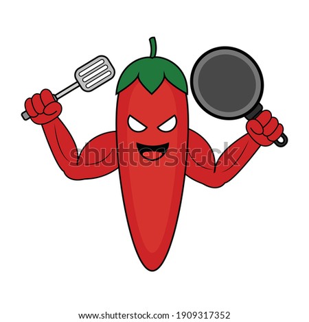 Red chili vector character carrying spatula and frying pan on white background