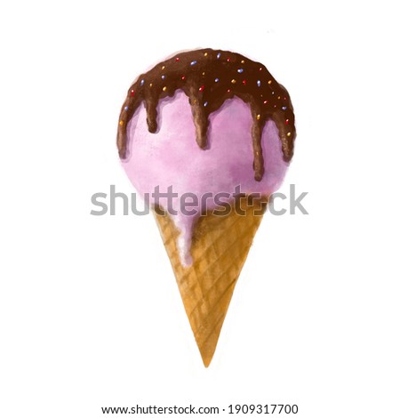tasty dessert clipart, food illustration, sweet ice-creamwith chocolate and candies, watercolor style