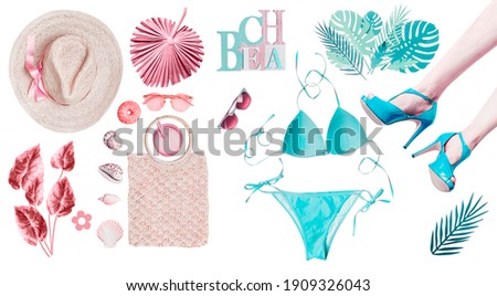 Beauty beach set with various female accessories: bikini, sandals, palm leaves, hats, drinks, shells , sunglasses on white background. Pastel color. Pink and turquoise blue