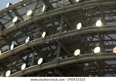 Spotlights to illuminate stadiums.  mast with spotlights illuminate the stadium
