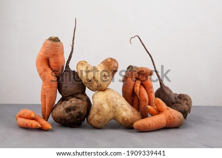 Ugly vegetables, side view, close-up. Concept - Food organic waste reduction. Using in cooking imperfect products. Royalty-Free Stock Photo #1909339441