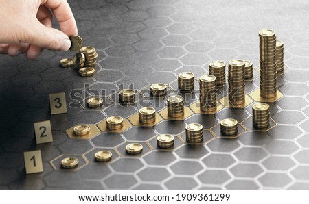 Human hand stacking coins over a black background with hexagonal golden shapes. Concept of investment management and portfolio diversification. Composite image between a hand photography and a 3D back Royalty-Free Stock Photo #1909361299