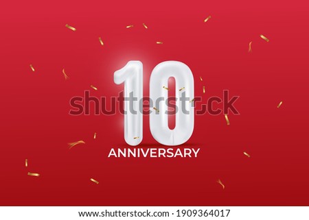 10 th Anniversary celebration. vector illustration with balloon number, sparkling confetti on red background.