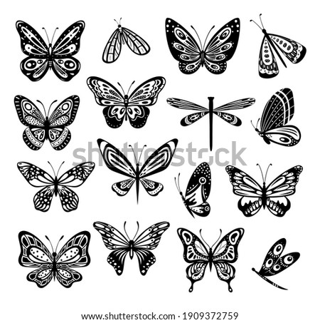 Butterfly. Silhouette icons set of spring butterflies.Carve collection. Stencil butterfly, fireflies, moth wings, flying insects isolated on white background. Hand drawn element for web, tattoo sketch
