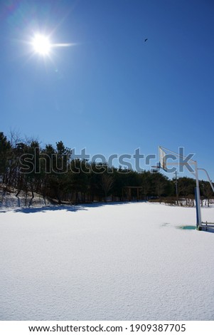 Outdoor basketball court covered with snow