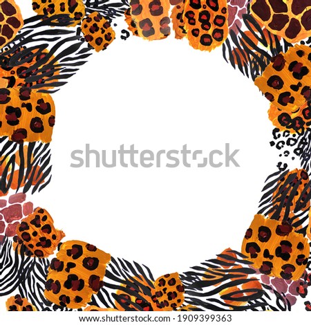 Wild animal round frame. Jaguar, leopard, zebra, giraffe, tiger and cheetah border. Abstract background illustration