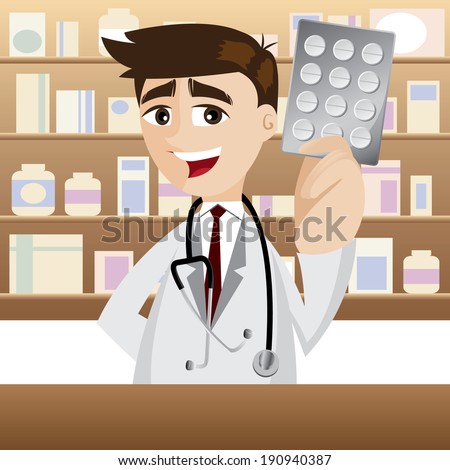 illustration of cartoon pharmacist with pack of medicine