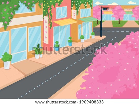 Blooming city flat color vector illustration. Street with lots of houses and flowering trees. Beautiful town with wonderful flowers everywhere 2D cartoon landscape with shops on background