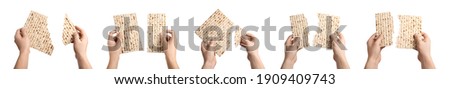 Collage with photos of people holding matzos on white background, closeup. Pesach (Passover) celebration