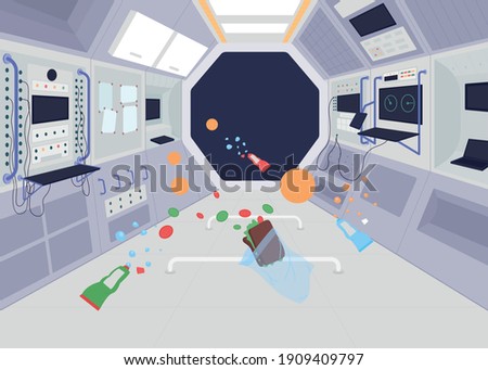 Ship in zero gravity flat color vector illustration. Food floating in space in special rocket with different science special instruments 2D cartoon interior with deep black space on background Royalty-Free Stock Photo #1909409797