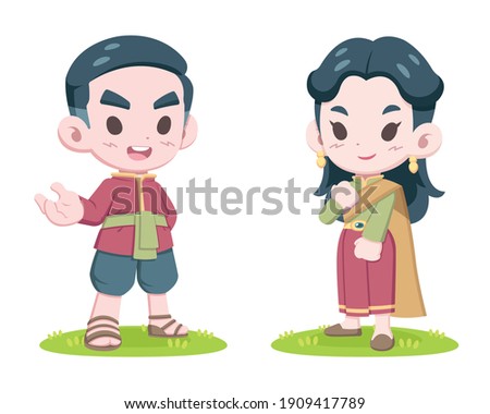 Cute style Thai couple in traditional dress cartoon illustration Royalty-Free Stock Photo #1909417789