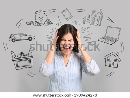 Overwhelmed woman and illustration of different tasks around her on light grey background