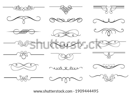 Vector set of calligraphic design elements and page decor. Vintage and filigree decoration set. Filigree divider wedding Invitation. Royalty-Free Stock Photo #1909444495