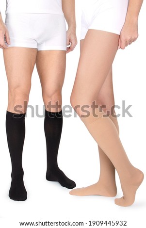Closed toe calves. Compression Hosiery. Medical stockings, tights, socks, calves and sleeves for varicose veins and venouse therapy. Clinical knits. Sock for sports isolated on white background