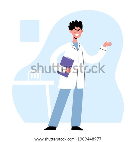 Vector illustration of talking european doctor in medical office. Medical worker concept used for poster, hospital website, magazine.