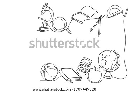 Single continuous line drawing of equipment school set such as book, globe, magnifier. Back to school minimalist style. Education concept. Modern one line draw graphic design vector illustration
