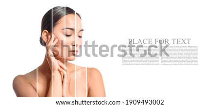 Portrait of beautiful young woman with different tones of skin on white background with space for text Royalty-Free Stock Photo #1909493002