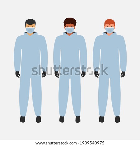 heroes Medical staff. thank you save life. helping patient. we fight together and keep distance flat design coronavirus. protective suit or clothing and face mask. global doctor over the world vector