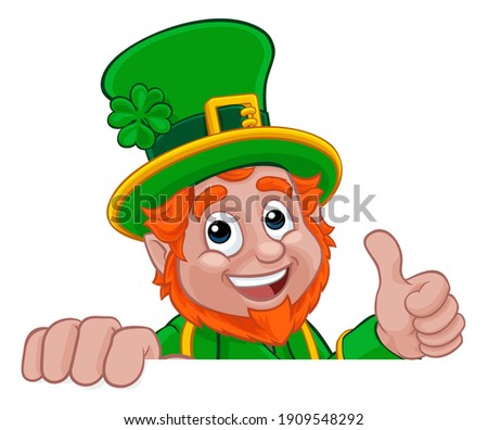 A Leprechaun St Patricks Day Irish cartoon character peeking over a banner or sign and doing a thumbs up