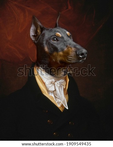 Funny photo of dog dressed in Victorian clothes as fine art painting Royalty-Free Stock Photo #1909549435