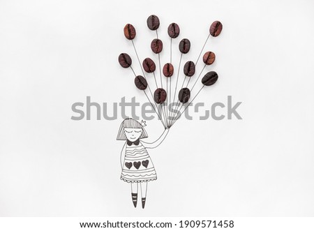 An illustration of a girl holding balloons of real coffee beans