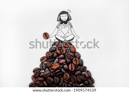 An illustration of a girl sitting on a pile of real coffee beans