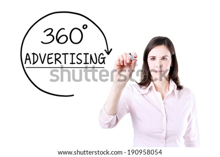 Businesswoman drawing a 360 degrees Advertising concept on the virtual screen.