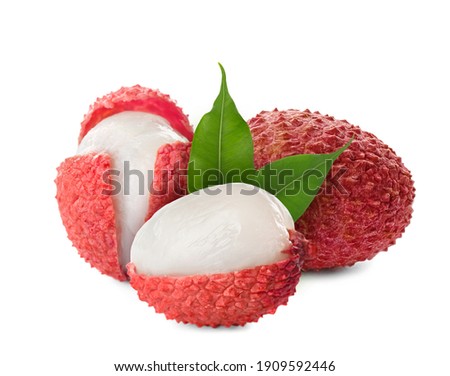 Fresh ripe lychee fruits on white background Royalty-Free Stock Photo #1909592446