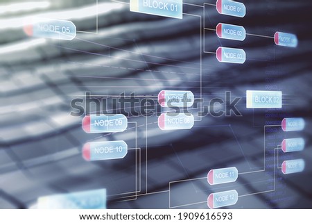 Double exposure of abstract programming language interface on blurry metal background, research and development concept