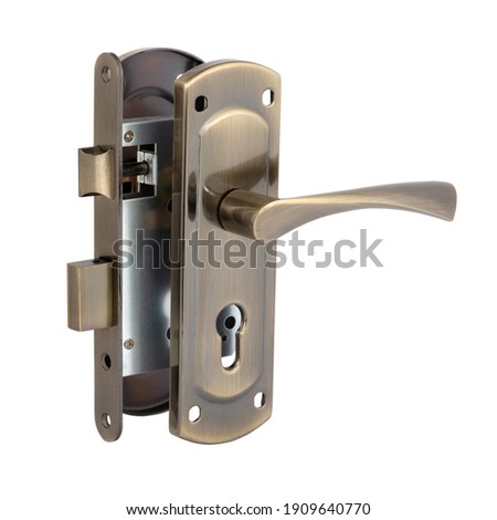 Mortise two-turn bronze mortise lock with a rectangular bolt complete with a handle on a bar, a latch and without a cylinder on a white background Royalty-Free Stock Photo #1909640770
