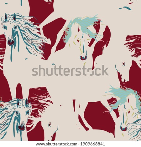 Horse vector seamless pattern. Square ivory, red color background. Design for fabric, wallpaper, wrapping paper, invitation card.