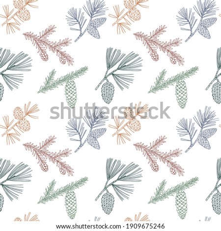 Seamless pattern with pine and hemlock branches. Hand drawn vector illustration