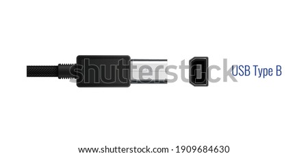 Composition with realistic image of usb type b connector plug and port for wired connection vector illustration