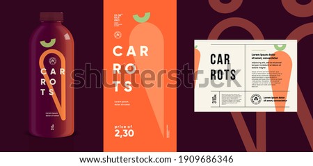 Carrots. Flat vector illustration. Price tag, label, packaging and product poster. Label design template on a bottle. Minimalistic, modern label. Royalty-Free Stock Photo #1909686346