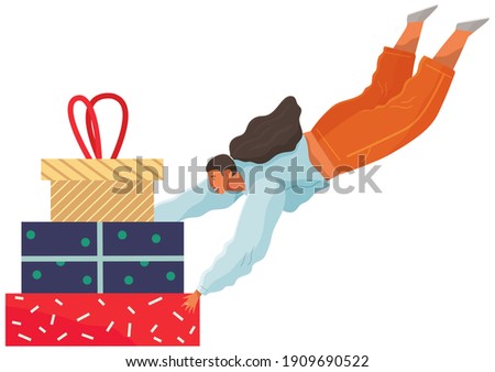 Happy woman holding pile of gift box. A girl flies with gifts isolated on white background. Holiday present for friend and family. Shopping during sale, smiling female character with shopping bags