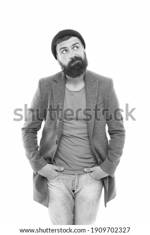 Bearded hipster brutal person. Bully hipster. School of good manners. Tips and tricks handsome man. Fashionable hipster man. Bearded and handsome. Self improvement concept. Carefree hipster.