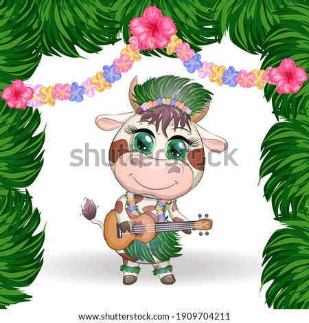 Cute cartoon bull, cow with beautiful eyes, Hawaiian hula dancer character with ukulele guitar among leaves, flowers. Tropical New Year Chinese cute bull mascot 2021