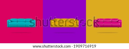 Flying leather soft sofa on multicolored background with shadow. Stylish cozy modern sofa made of genuine leather on legs. Creative Minimalistic mockup with sofa pop-art. Abstract background furniture Royalty-Free Stock Photo #1909716919