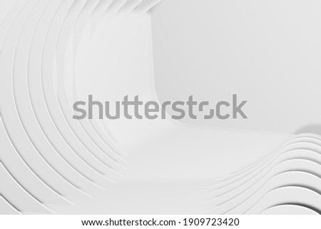 Abstract Futuristic Architecture White Interior Background. Wave Circular Outdoor Structures. Minimal Futuristic Technology Design as Geometric Urban Texture Wallpaper. Close-up 3d Rendering Pattern