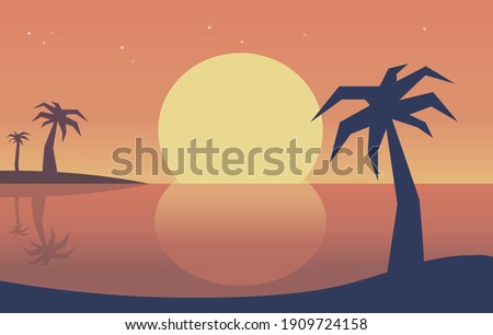 Flat sunset landscape with island and palm trees