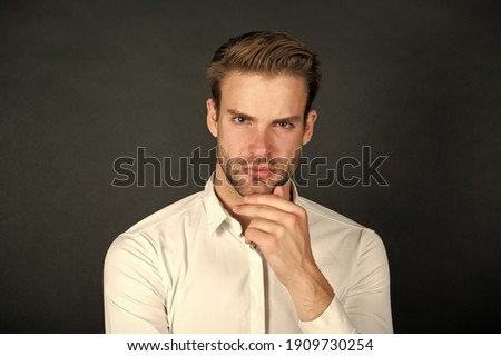 Deal with unforeseen circumstances. Crisis problem. Businessman in formal outfit. Confident man thinking. Solve business problem. Crisis intervention. Crisis management. Economy problem. Solution. Royalty-Free Stock Photo #1909730254