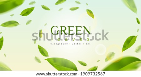 Flying green leaves effect with mild sunbeam in 3d illustration vector Royalty-Free Stock Photo #1909732567