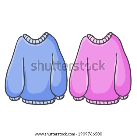 Sweater. Warm woolen pullover. Set of cartoon illustration. Pink and blue Winter clothing