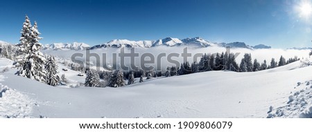Schamserberg, Switzerland: Winter landscape of the Schamserberg and Piz Beverin nature park. Royalty-Free Stock Photo #1909806079