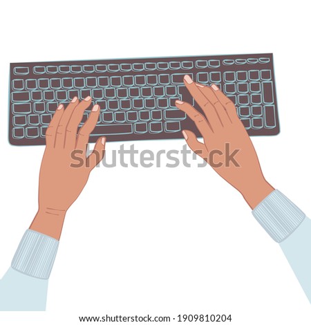 Hands typing on keyboard - hand drawn vector illustration. Flat colors, easy to recolor. Royalty-Free Stock Photo #1909810204