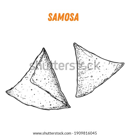 Samosa sketch, Indian food. Hand drawn vector illustration. Sketch style. Top view. Vintage vector illustration. Royalty-Free Stock Photo #1909816045