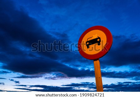 Cars forbidden sign in harbour of Laredo town at dusk in Cantabria Autonomous Community of Spain, Europe