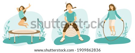 kids playing games outdoor vector illustration set, girl jumping on trampoline, on fit ball, jump rope, playing. childhood memories, wish star. Kindergarten, nursery school summer camp contest, smile Royalty-Free Stock Photo #1909862836