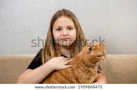 Attractive little girl with red fluffy cat on sofa in room