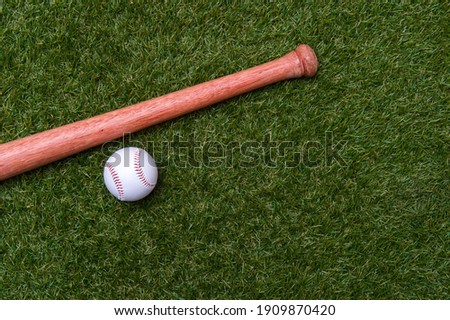 Baseball bat and ball on green grass field. Sport theme background with copy space for text and advertisment